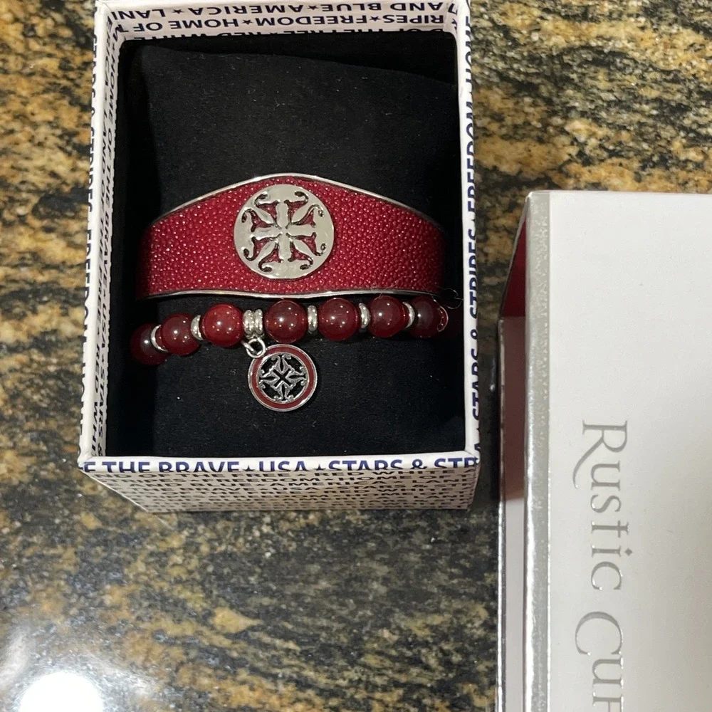 Patriotic Rustic Cuff Set Of 2 Bracelets One Stretch One Metal Cuff Red & Silver